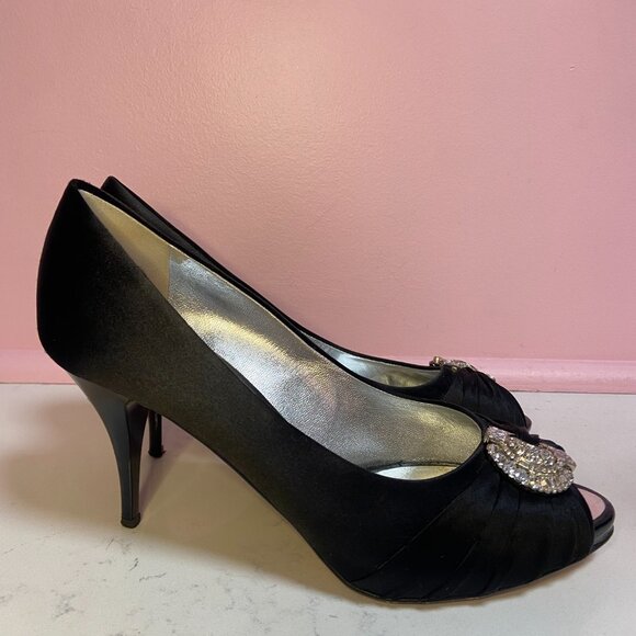 Giuseppe Zanotti Black Satin Open Toe Pumps with Crystal Embellishment - EUR 38 - Picture 6 of 7